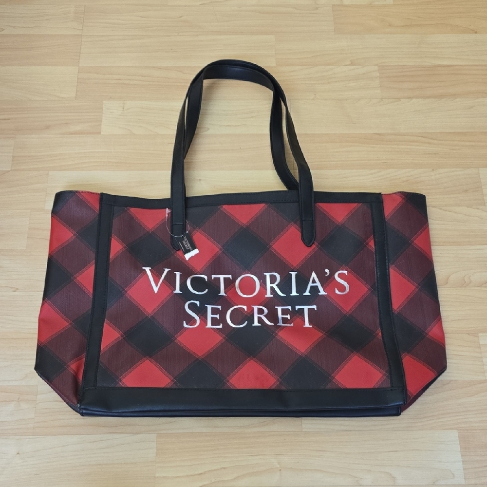 NWT Victoria’s Secret Red and Black Plaid Large Tote Shoulder Carry Bag 20"×12"